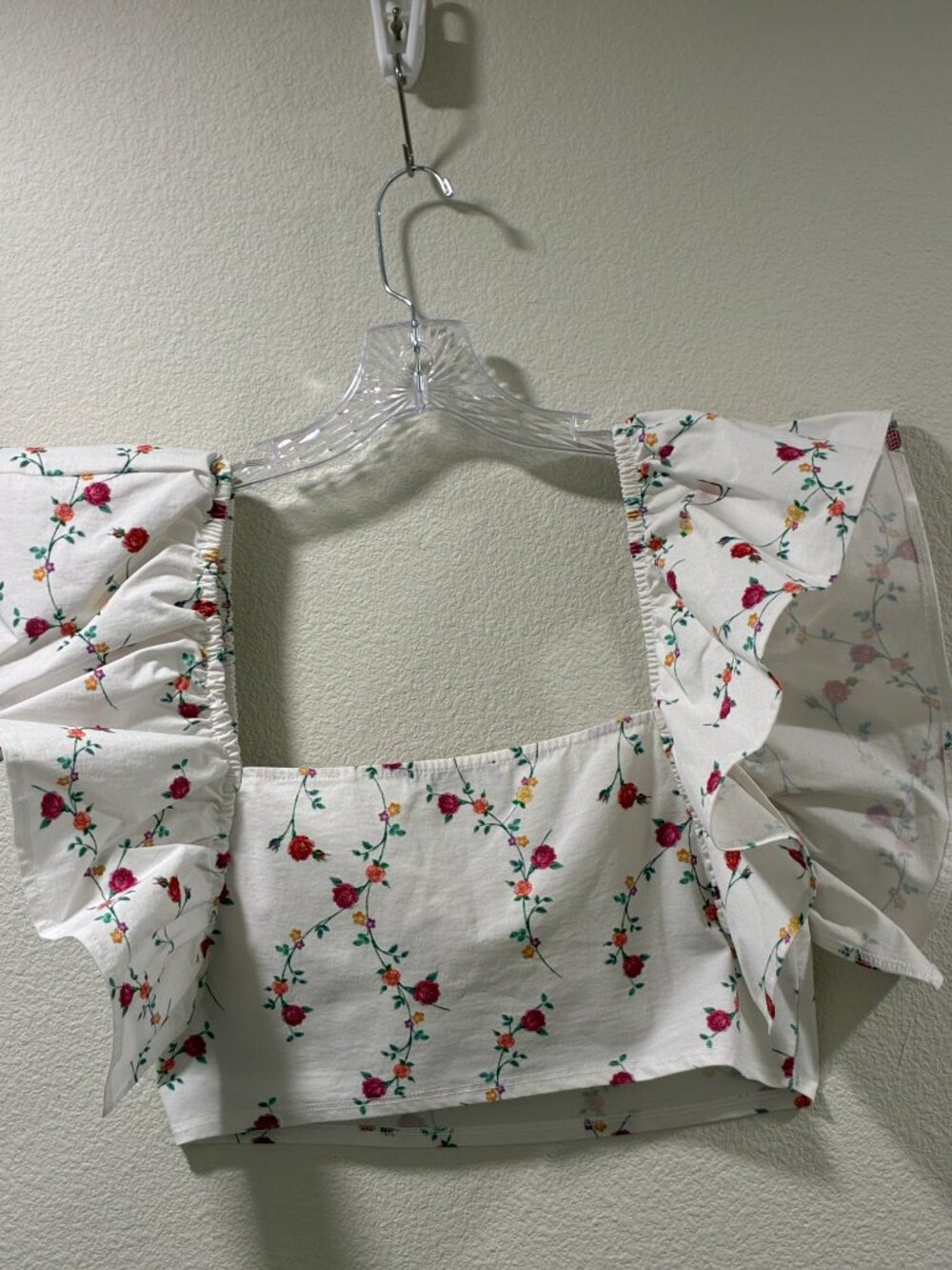ZARA Crop Top White/Red/Yellow Floral Off Shoulder Flutter Sleeve Women L - Picture 2 of 9